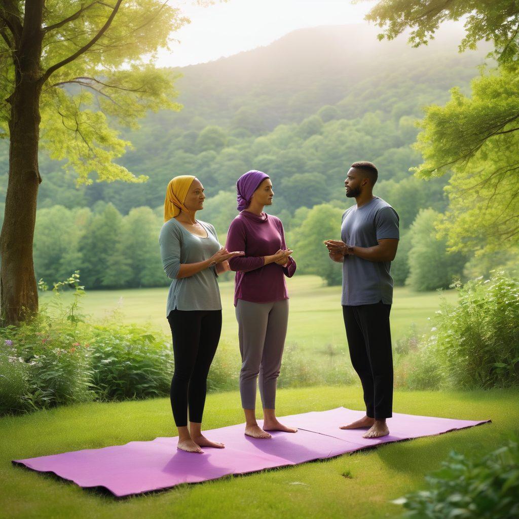 A diverse group of people, including a woman with a headscarf, a man with a supportive partner, and a healthcare professional, standing together with a lush green landscape in the background, symbolizing hope and strength. The scene should include elements of wellness such as yoga mats and healthy foods, reflecting empowerment in their cancer journey. Warm, uplifting colors to convey positivity and resilience. super-realistic. vibrant colors. sunny atmosphere.