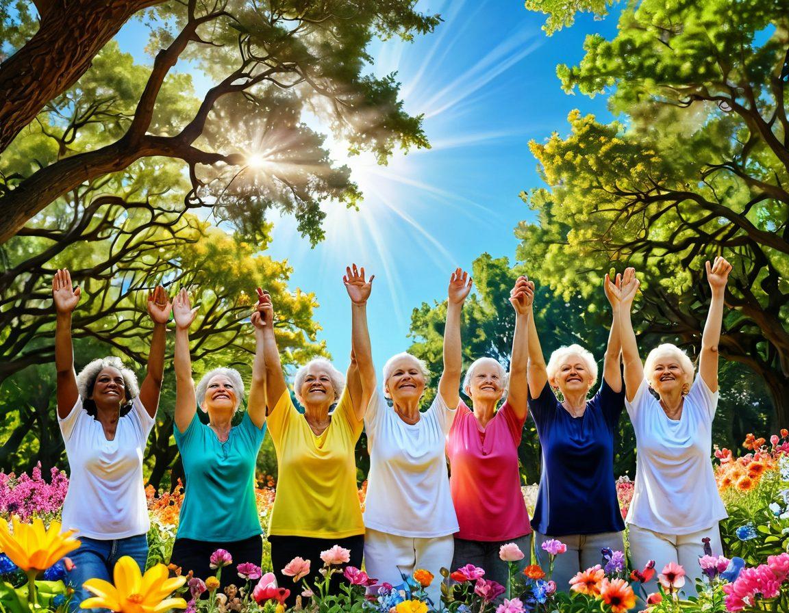 A serene landscape depicting a diverse group of cancer survivors celebrating life, surrounded by vibrant flowers and trees symbolizing growth and resilience. Include elements of support like hands reaching out and comforting gestures between individuals. The sky should be bright and hopeful, reflecting a sense of joy and community. super-realistic. vibrant colors. uplifting atmosphere.