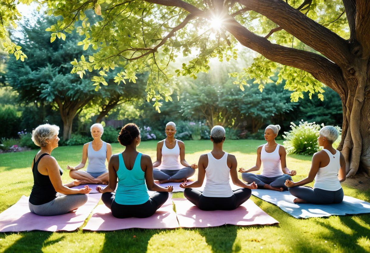 A serene and uplifting scene depicting a diverse group of cancer survivors engaging in various wellness activities, such as yoga in a peaceful garden, meditation under a tree, and sharing healthy meals. Soft sunlight filters through the leaves, creating a warm and hopeful atmosphere. Symbols of strength, like butterflies and flowers, subtly incorporated into the background. super-realistic. vibrant colors. natural light.